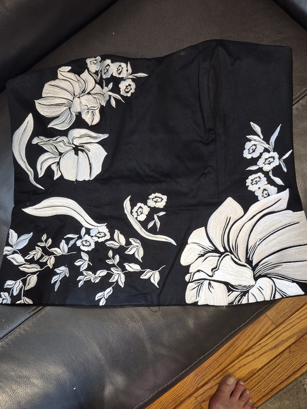 White House Black Market Black Strapless Top with White Floral Embroidery